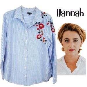 HANNAH Blue & White Striped Embroidered Floral Button Down Blouse - Women's L